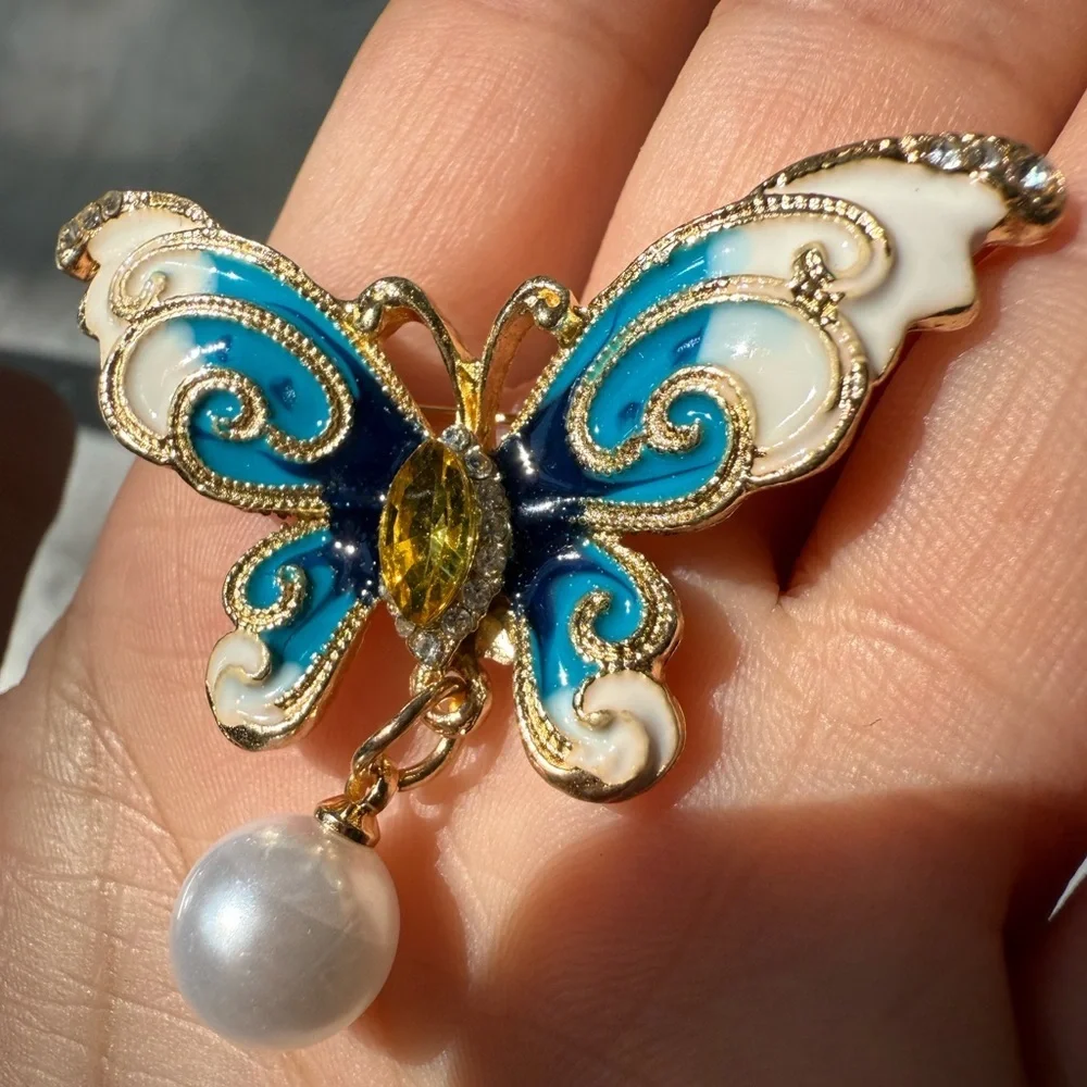 Unique vintage anthro blue and Gold Butterfly Brooch